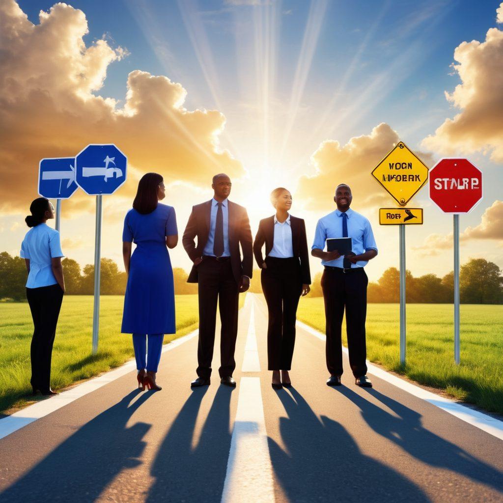 A diverse group of professional individuals standing at a crossroads symbolizing career choices, with road signs showing different job sectors in the background like tech, healthcare, and education. The sky is bright and hopeful, with rays of sunlight shining down, representing opportunities and growth. Include a large key in the foreground that symbolizes unlocking potential. inspirational, modern, vibrant colors. 3D.