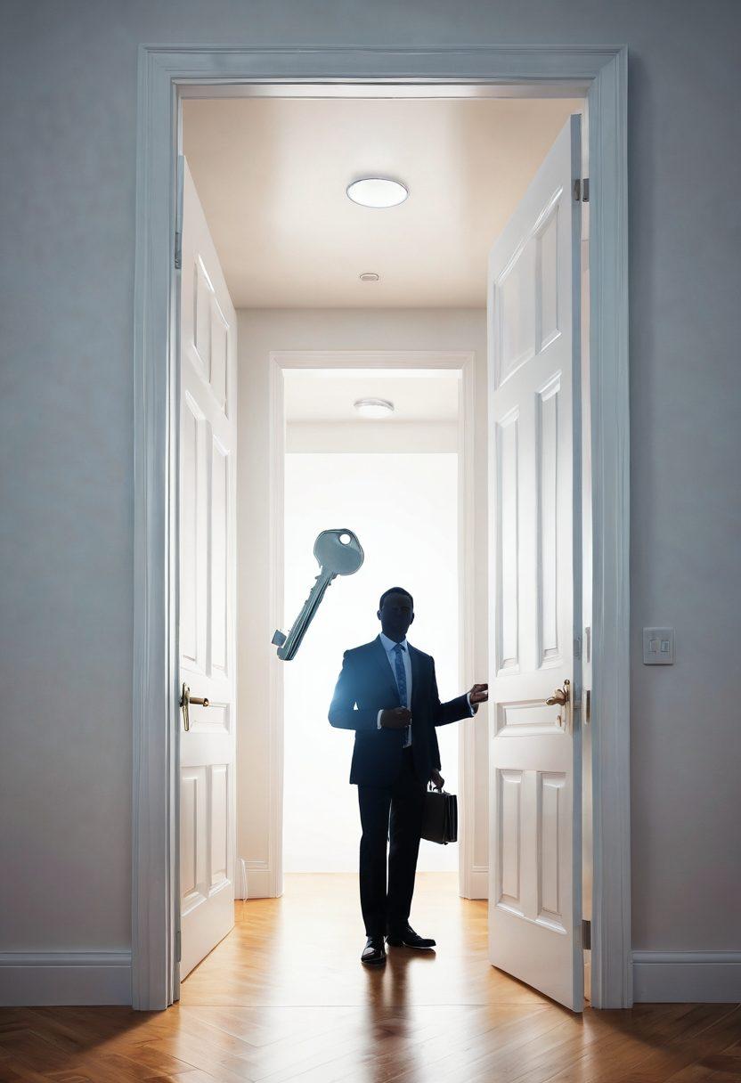 A dynamic scene depicting a glowing pathway that transitions from a polished resume transforming into silhouettes of people being recruited in an office environment, symbolizing career progression. The background features a bright horizon representing future opportunities with abstract symbols of growth and success. Incorporate elements like a magnifying glass, briefcase, and a glowing key unlocking a door labeled 'Dream Career'. super-realistic. vibrant colors. white background.