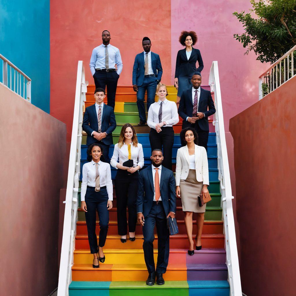 An upward view of a diverse group of aspiring professionals, each holding a briefcase, standing together on a colorful staircase leading to a bright horizon. The staircase symbolizes growth and opportunities, while the horizon represents a hopeful future. Incorporate elements like briefcases, charts, and networking visuals in the surroundings to reflect strategies for professional growth. vibrant colors. super-realistic. dynamic composition.